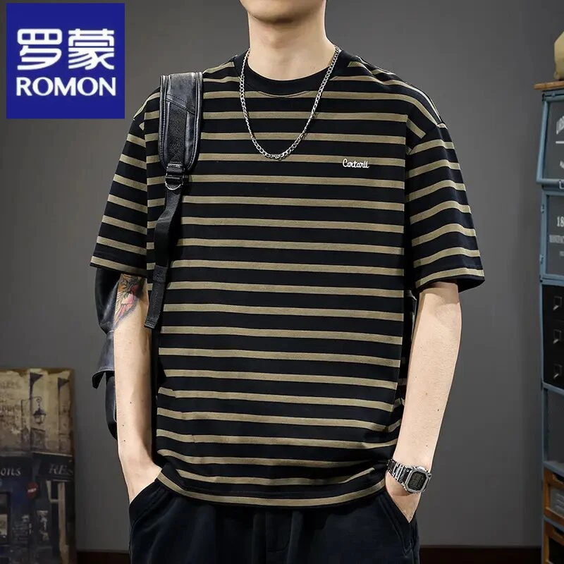 罗蒙美式潮牌条纹短袖t恤男新款夏季宽松半袖体恤纯棉刺绣海魂衫