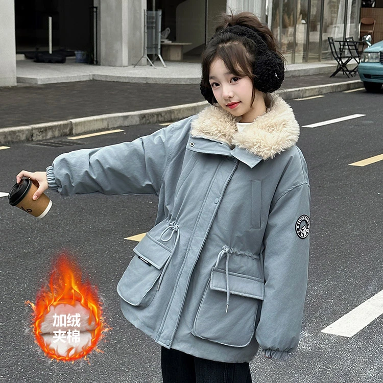 女童派克服冬季加绒加厚2025新款儿童冬装收腰夹棉女大童棉服外套