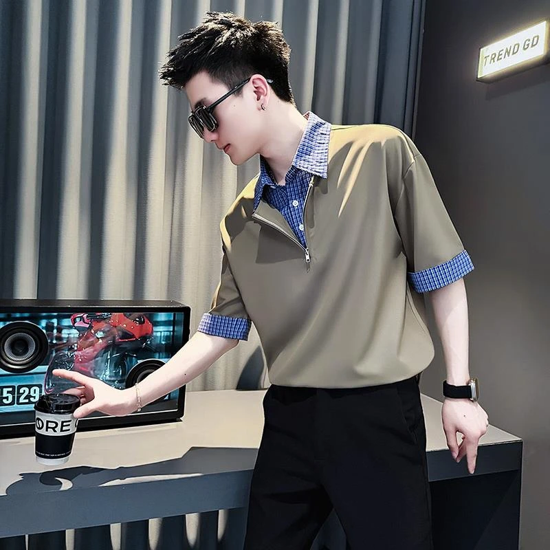 假两件polo衫男短袖格子衬衫男款2025新款夏季痞帅高级感男士t恤