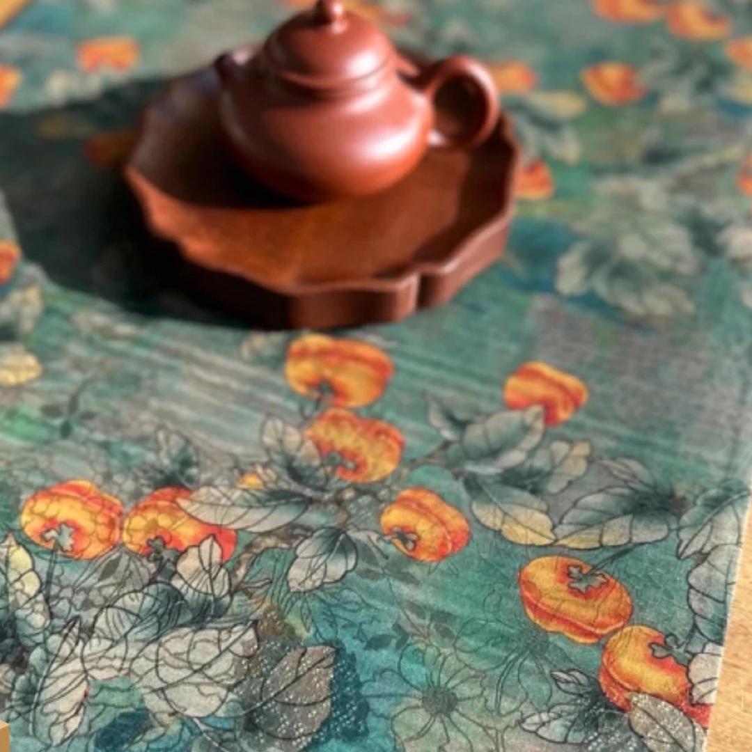 【柿柿如意】65×33双面老料香云纱复古双面茶席古风禅意干泡桌垫