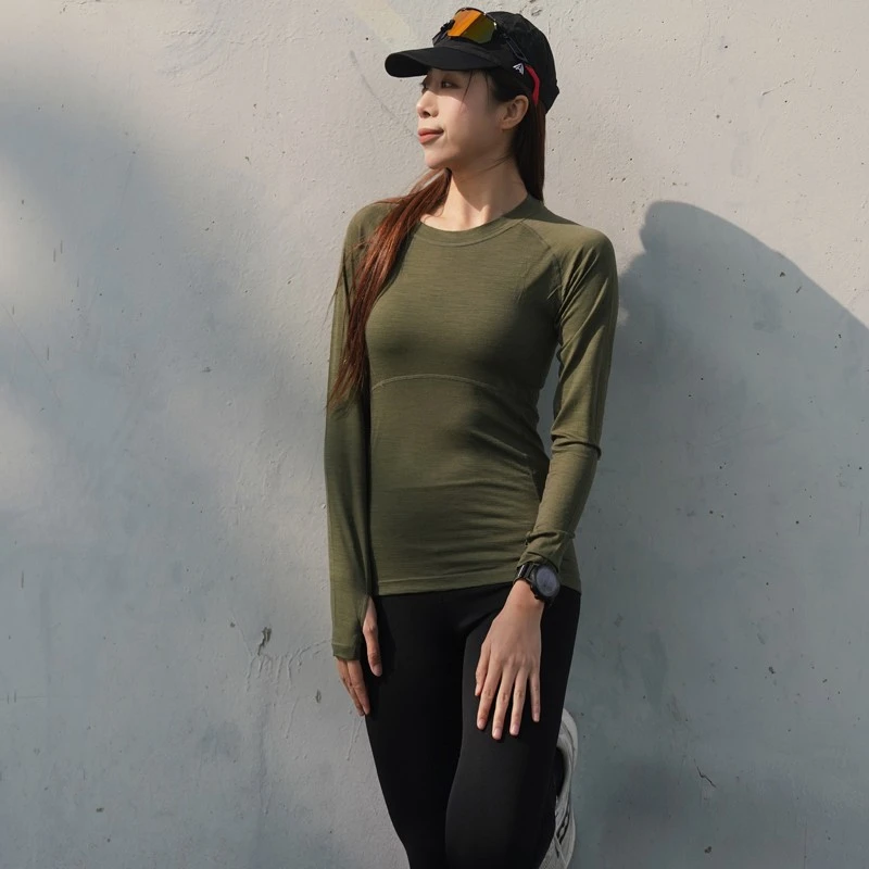 灰壳户外羊毛运动超轻透气美利奴女士圆领长袖美利诺排汗速干上衣