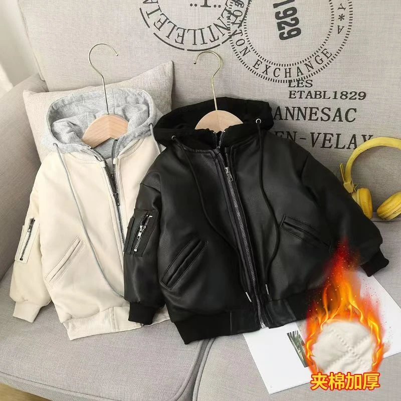 儿童加棉加厚皮衣秋冬款2025新款小童假两件皮夹克男女宝宝外套潮
