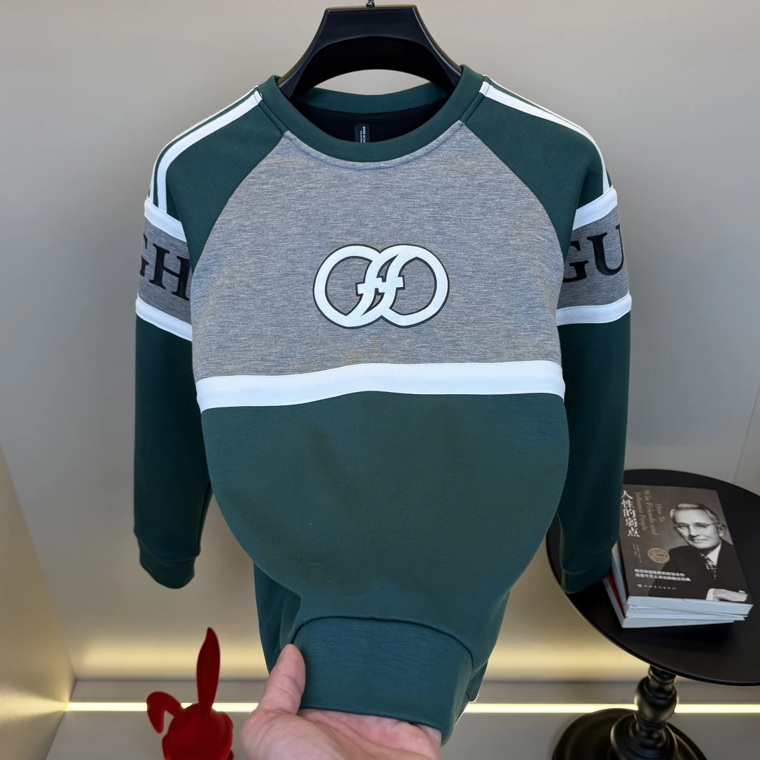 高档欧货字母胸标秋冬潮流男士撞色时尚款高端休闲圆领卫衣98675