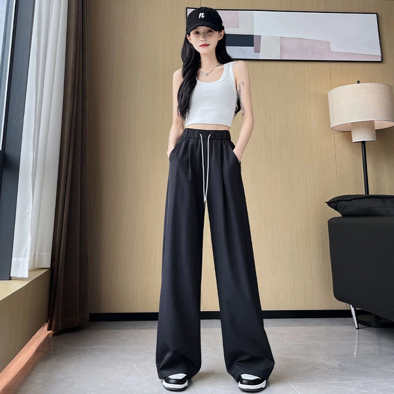 徐秋阳黑色冰丝弯刀裤女夏季薄款2025新款高腰松弛感垂感裤子宽松