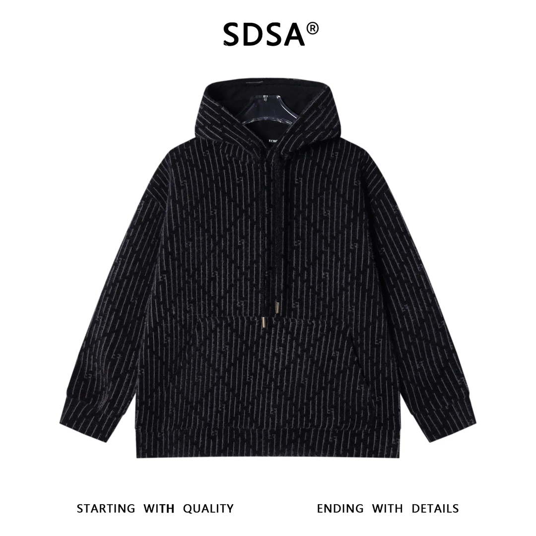 SDSA男士秋冬新款痞帅男装时尚撞色格纹绒毛抽绳连帽卫衣潮流慵懒