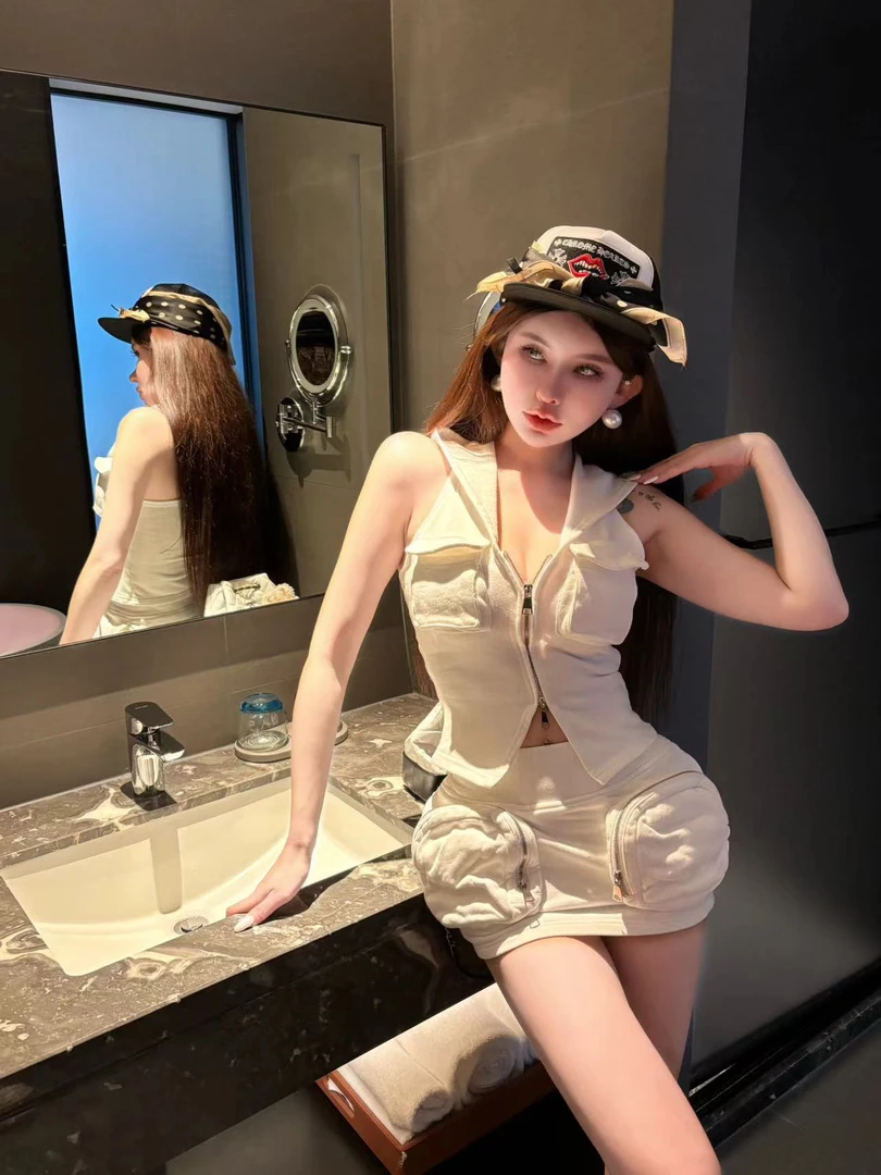 【美式复古辣妹】原创设计工装拉链帽版上衣+重工立体口袋短裤裙