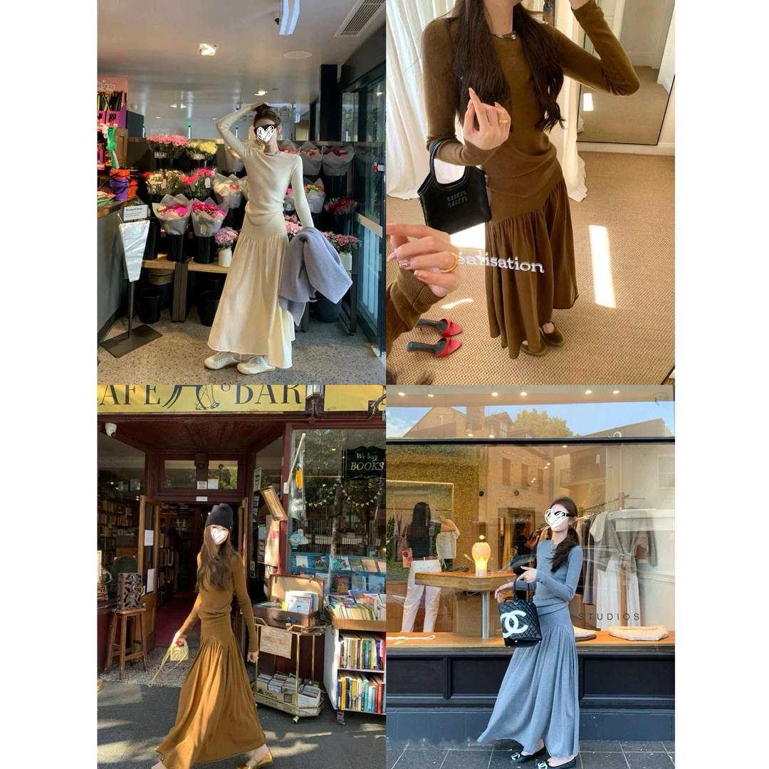 【焦糖牛角包】通勤INS风时尚套装圆领长袖修身针织上衣+半身长裙