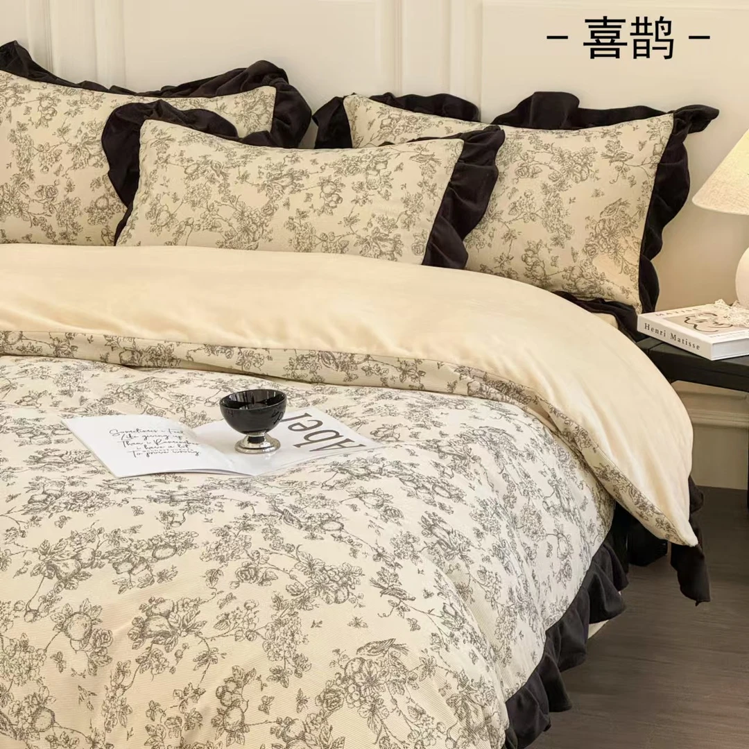 秋冬新款法式赫本风灯芯绒四件套提花立体花边牛奶绒-ZJF