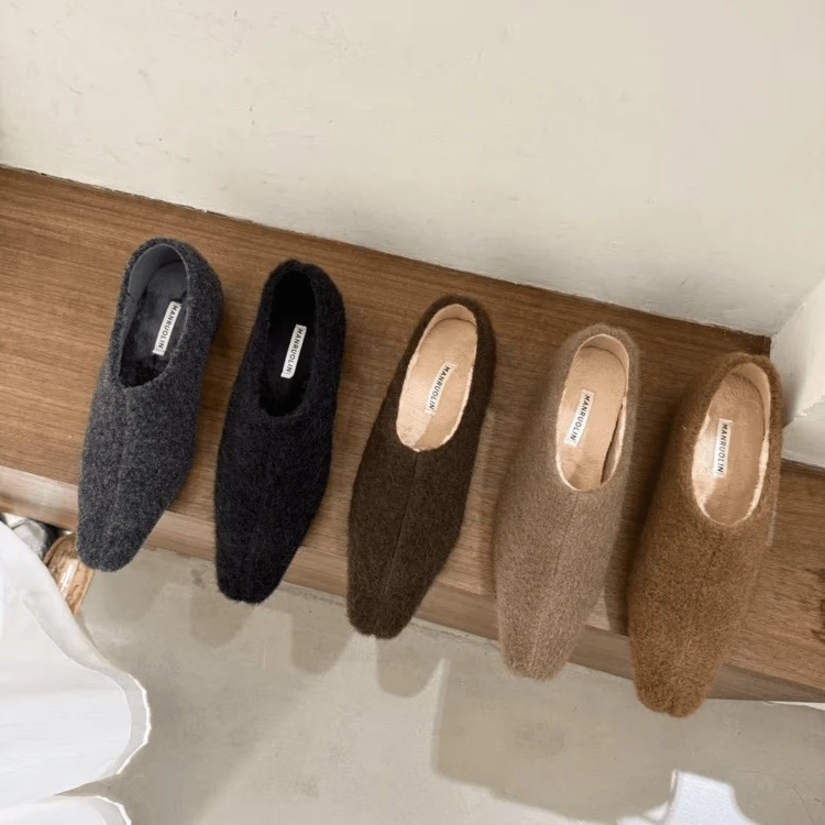 2025冬季新款法式内增高方头百搭晚晚风包头一脚蹬单鞋加绒毛毛鞋