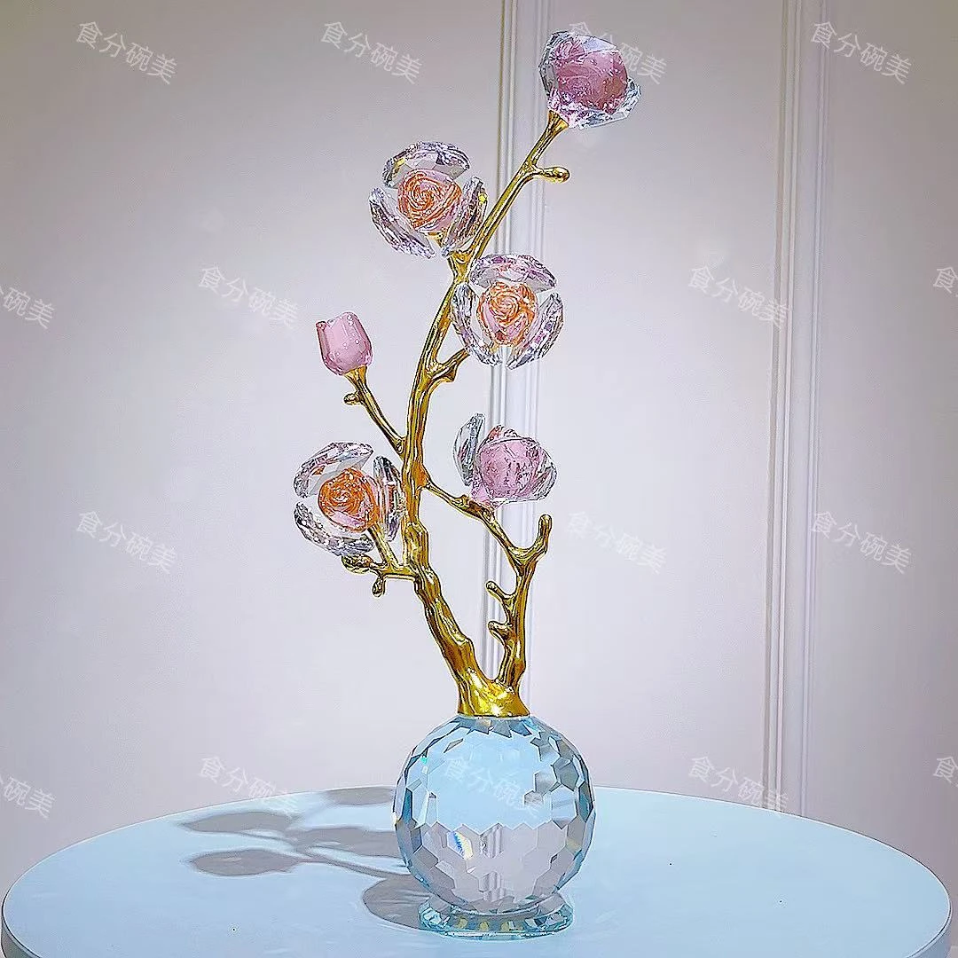 意境风多头水晶玫瑰花客厅桌面礼品装饰（高35宽12）