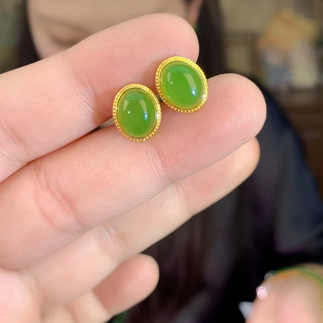 吊坠(不含链)银S925镶嵌和田玉（碧玉）耳饰