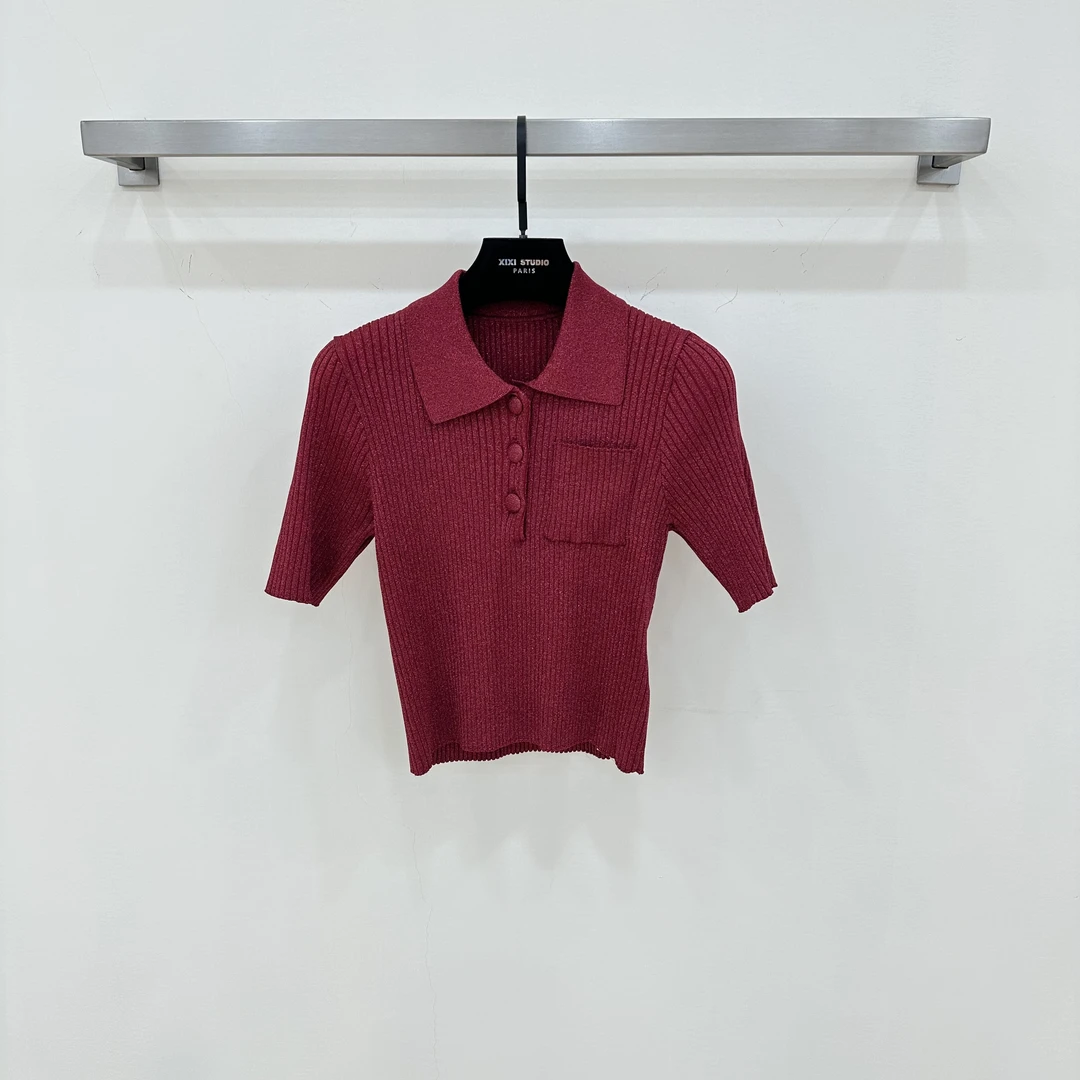 【西西高定】夏季红色修身显瘦翻领针织短袖上衣