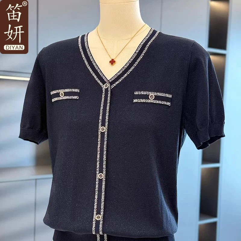 时尚洋气妈妈装针织衫女短袖减龄夏装新款上衣气质中年妇女T恤衫
