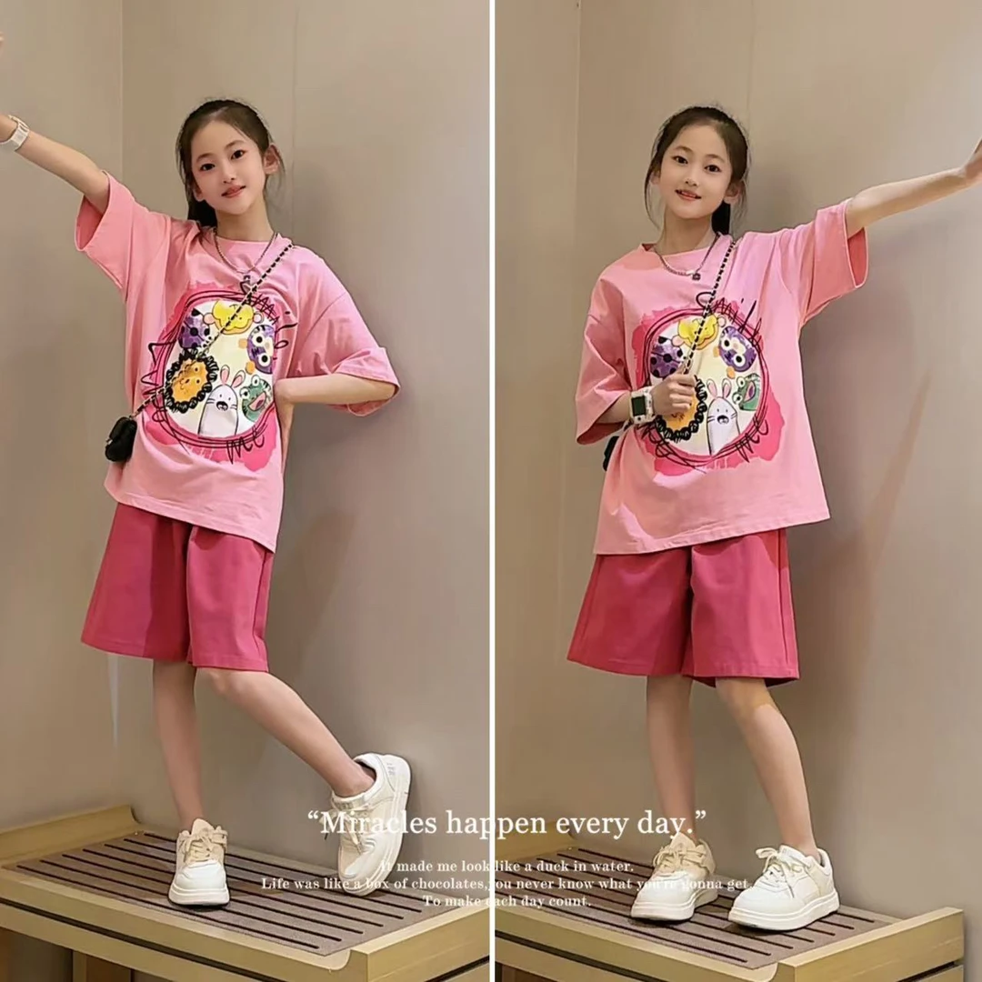 女童夏季运动套装新款韩版洋气女大童女孩时髦短袖短裤休闲两件套