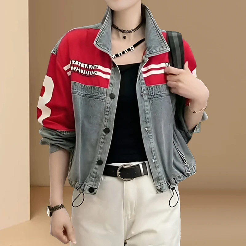 2025年洋气甜美时尚潮流设计感拼接牛仔外套女宽松百搭牛仔外套女
