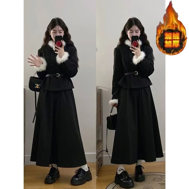 大码女装秋冬季小香风套装裙两件套胖mm加绒加厚高级感气质连衣裙