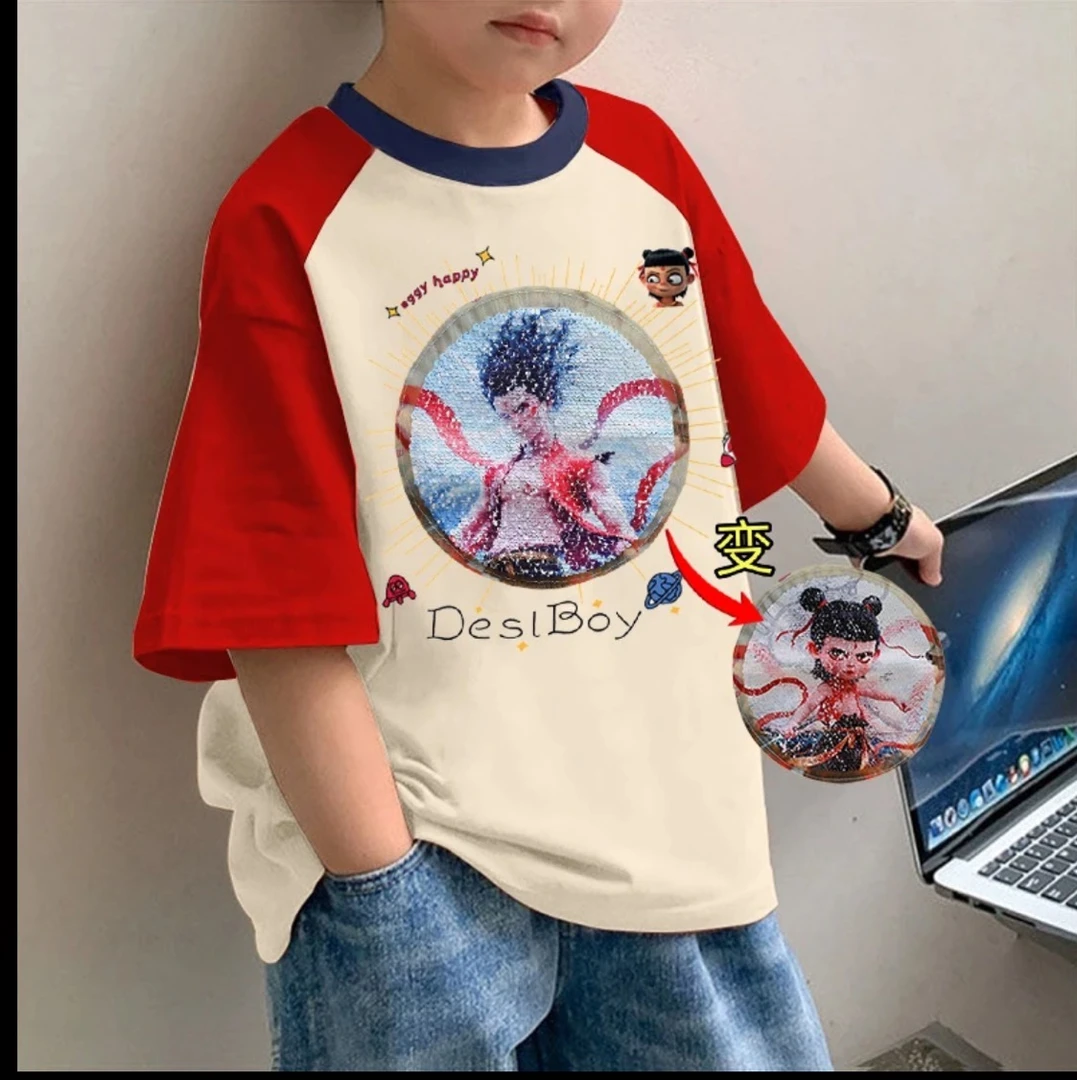 纯棉男童短袖T恤哪吒敖丙亮片变色衣服儿童装宝宝夏洋气翻转上衣