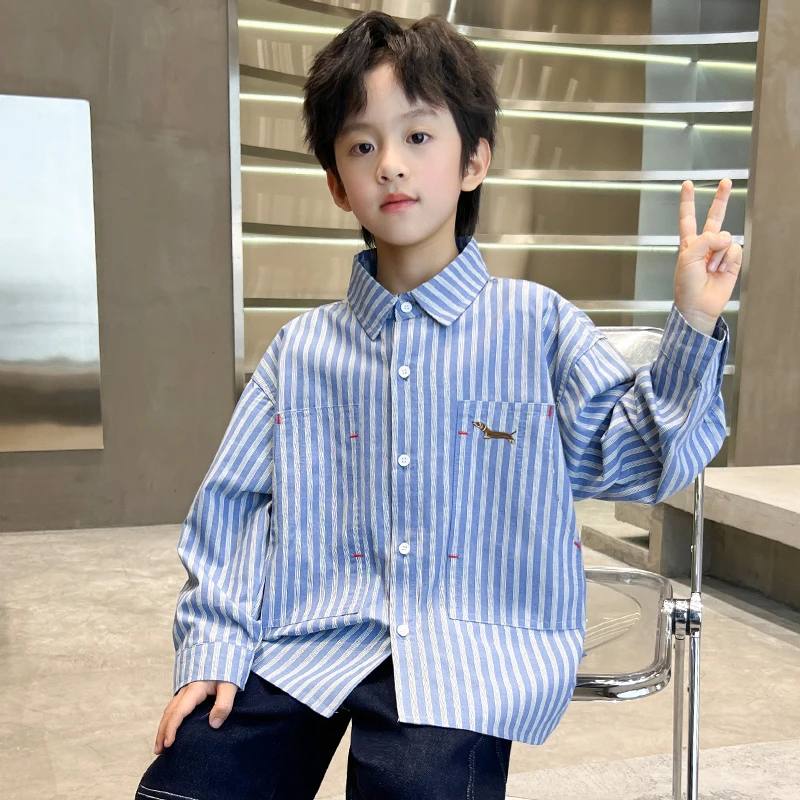 中班仔童装男童衬衫春秋新款条纹长袖衬衫2025儿童洋气上衣*39689