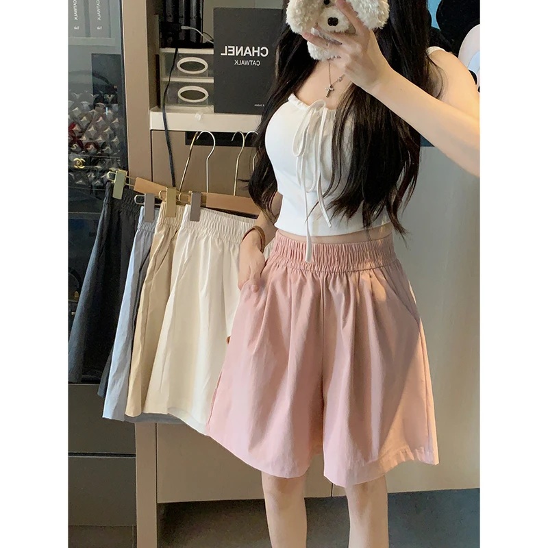 2025大码宽松松紧腰短裤显瘦阔腿裤直筒纯色休闲裤女