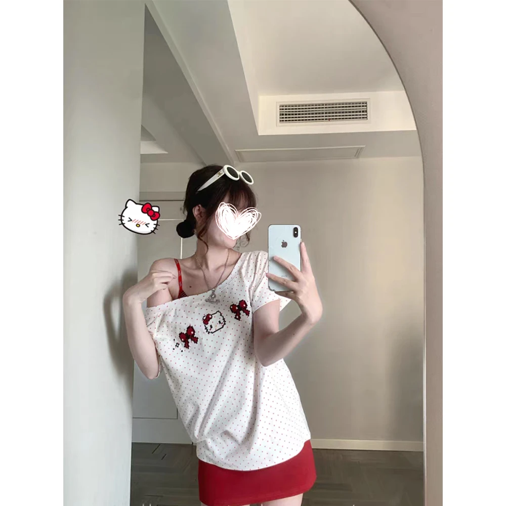 FRVXO【奶喵啵啵】斜肩波点短袖T恤女夏季A字半身裙内搭美背套装