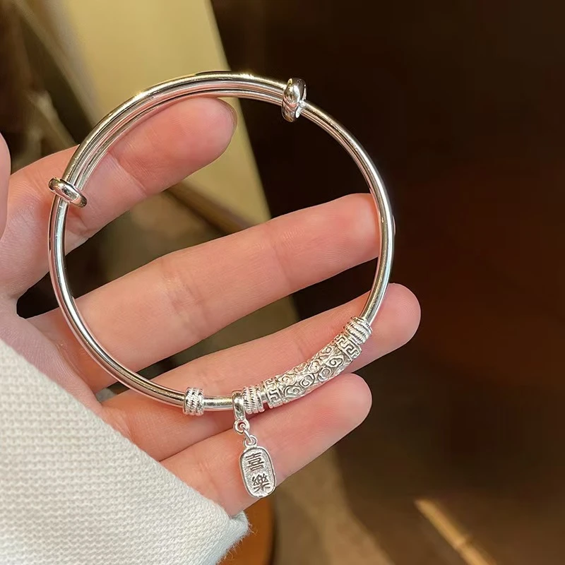 足银手镯 慕锦【S003】国风祥云平安喜乐实心推拉可调节手镯礼物