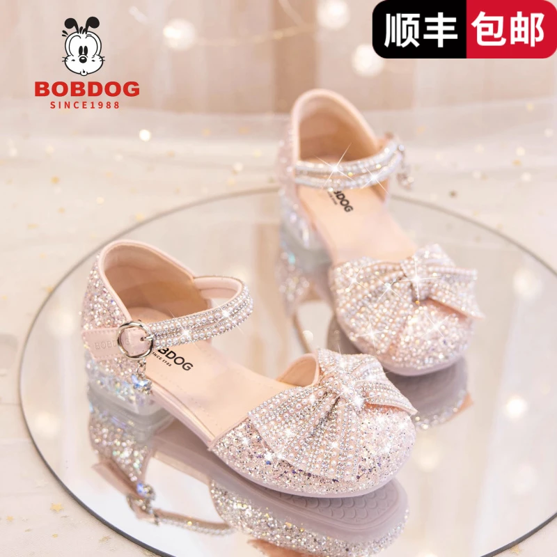 巴布豆女童公主鞋高跟鞋2025夏季新款儿童凉鞋女孩水晶鞋演出皮鞋