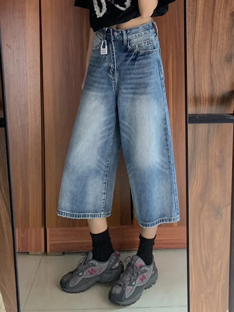 微胖mm蓝色牛仔七分裤女2025夏季新款设计感褶皱休闲宽松阔腿中裤