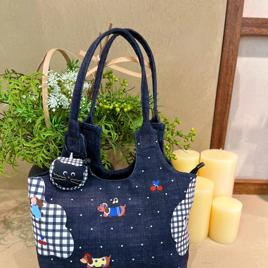 帆小包·小众设计仿牛仔拼格子小狗单肩包时尚大容量托特包通勤包