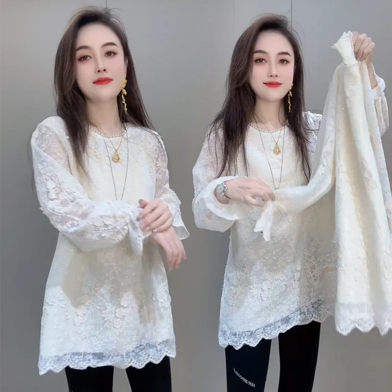 冬季宫廷风长袖蕾丝衫女重工提花设计时尚洋气中长款蕾丝打底上衣
