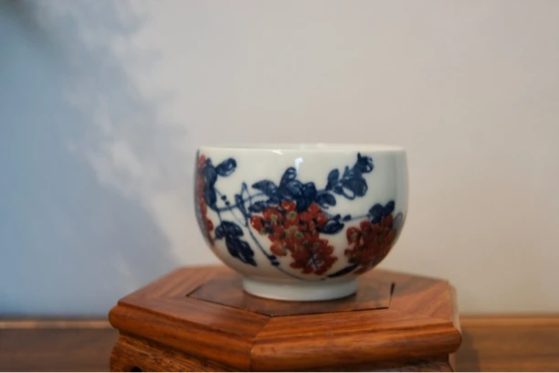 易炎窑原创手工手绘气窑高温原矿青花釉里红主人杯茶碗品茗杯大号