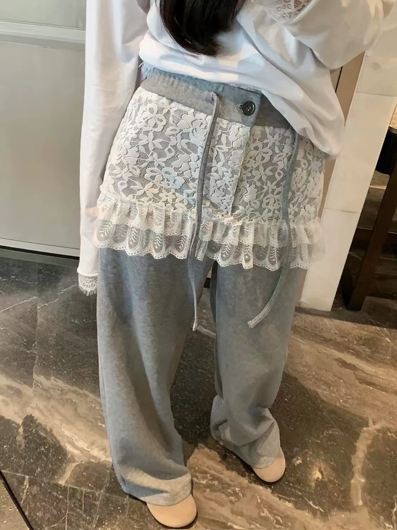 今年流行的慵懒松弛感灰色蕾丝拼接运动阔腿裤子女2025新款春夏款