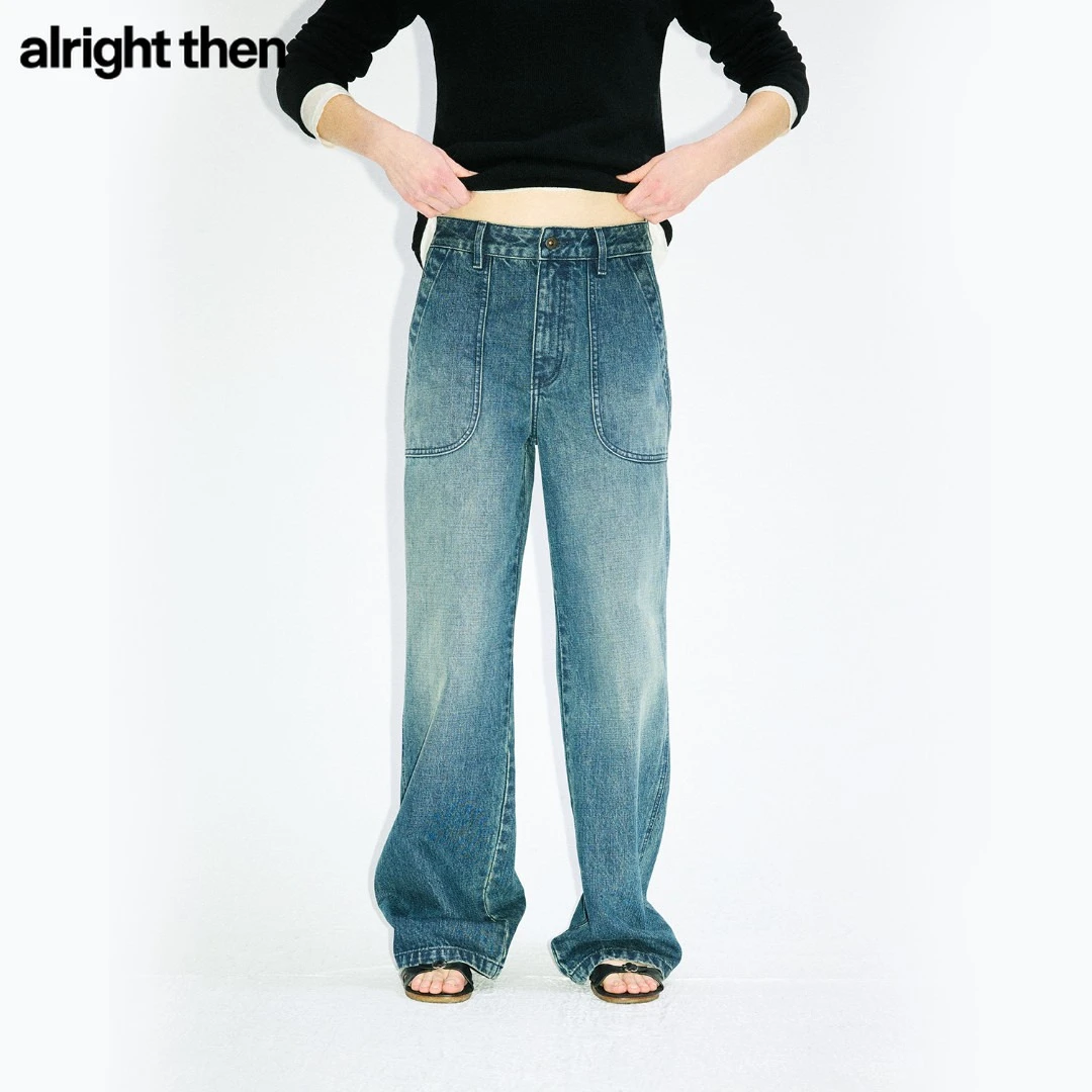 alright then1023M复古做旧水洗蓝大口袋中腰直筒工装牛仔长裤