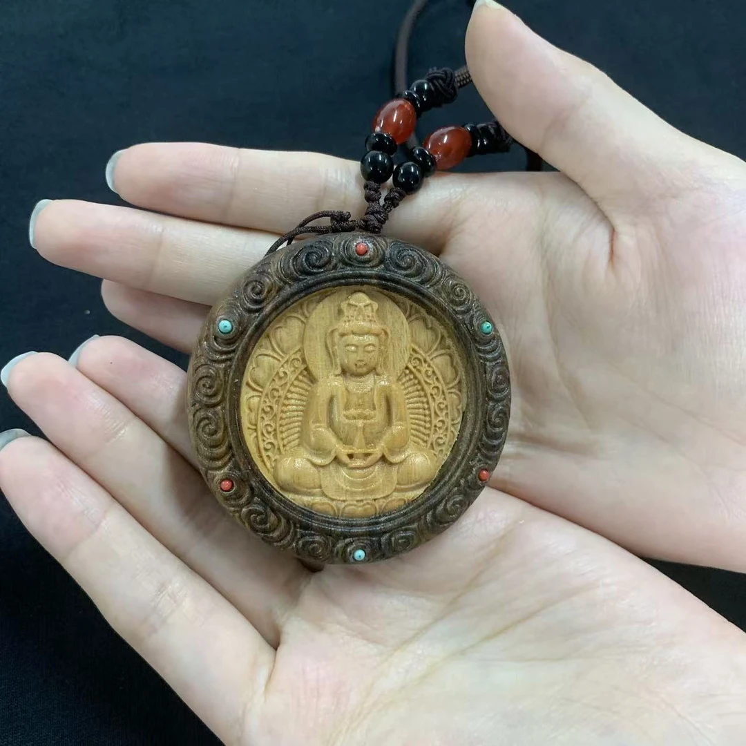 非金属木质吊坠 黑翅木+坐禅观音（芭比檀）脖挂