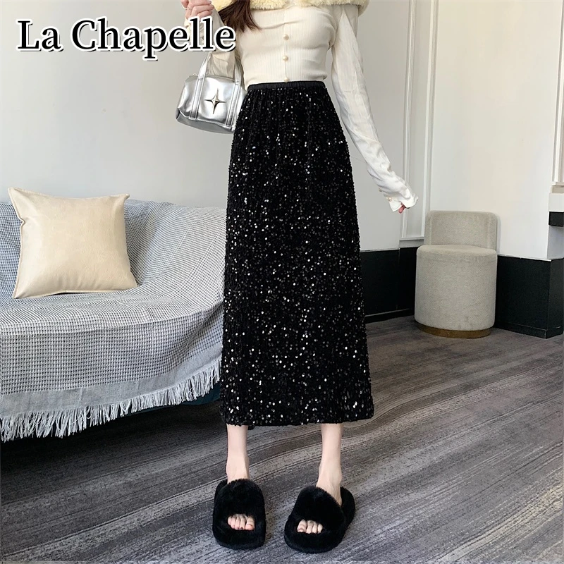拉夏贝尔秋季亮片丝绒后开叉半身裙百搭遮胯显瘦中长A字直筒裙子