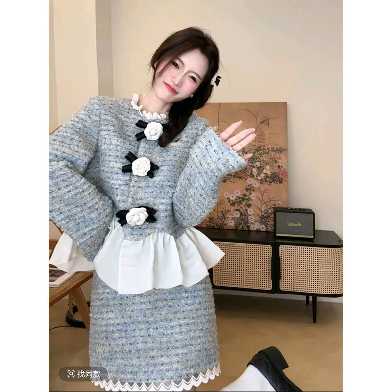 微胖法式小香风甜美套装女秋季花朵短款上衣半身裙两件套装10144