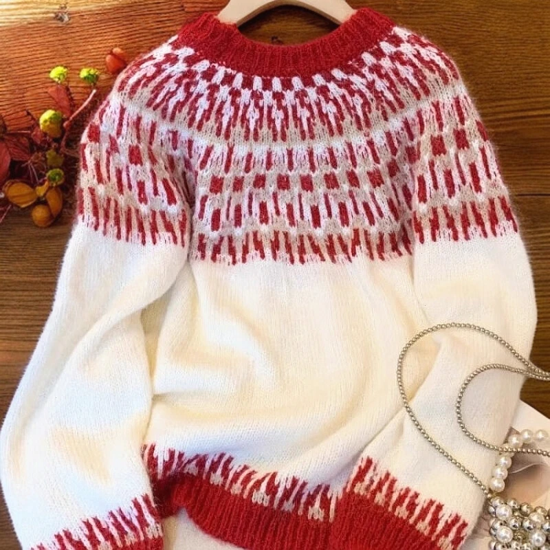 红色新年费尔岛圆领毛衣女2025新款春秋季加厚复古慵懒针织打底KY