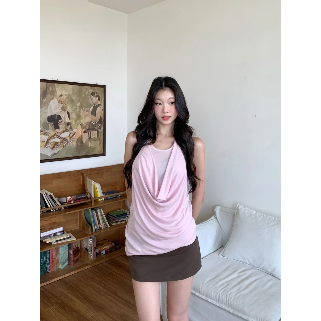 withmin凉皮 蜜桃心事 真两件挂脖荡领辣妹设计感吊带上衣2523479