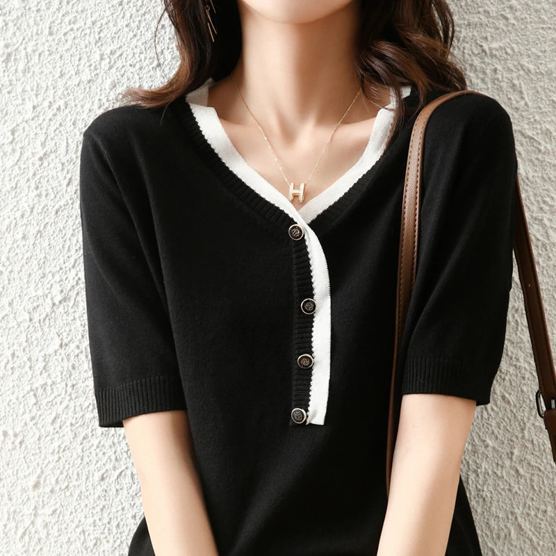 爆款小心机单品短袖网纱拼接上衣黑色显瘦针织衫洋气百搭夏季A12