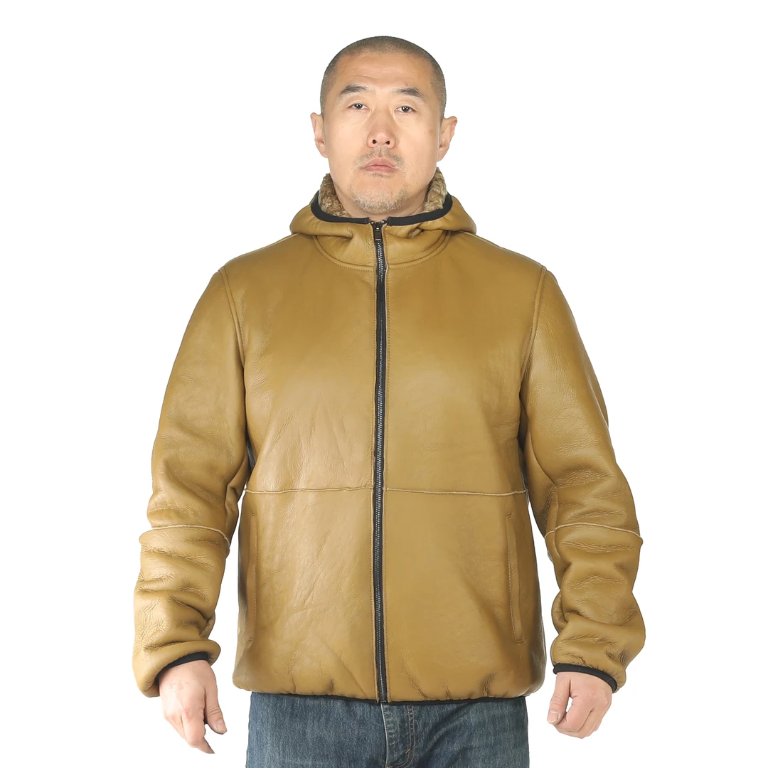 24新款冬季皮毛一体连帽皮肤衣螺纹防风袖口欧美飞行服绵羊皮