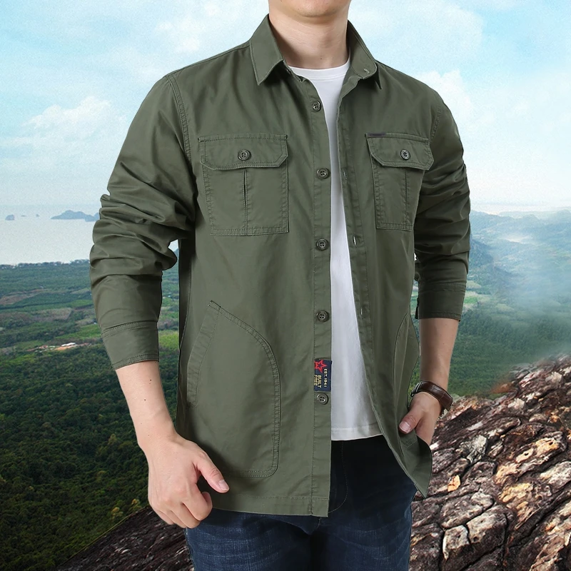 四个口袋纯棉工装衬衫长袖男士户外硬汉宽松军旅风衬衣外套春秋季