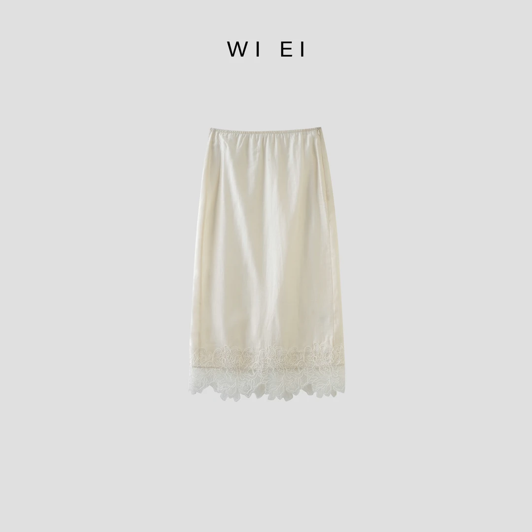 《WI EI》花边裙*亚麻莱赛尔醋酯浮雕缎肌理拼接蕾丝半裙25237