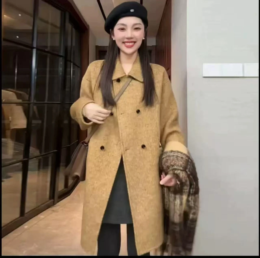 苗苗家女士女冬季女士枫叶黄时尚气质羊毛呢子中长款大衣8863