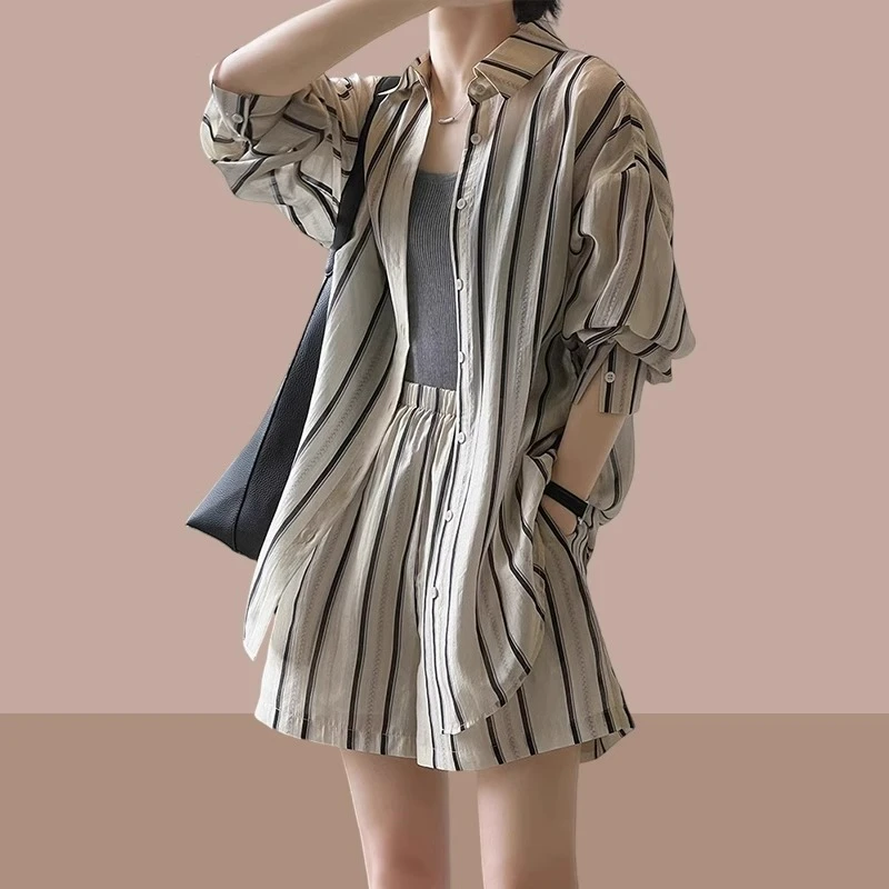 防晒套装显瘦女2025夏季新款条纹衬衫短裤休闲运动时尚气质两件套