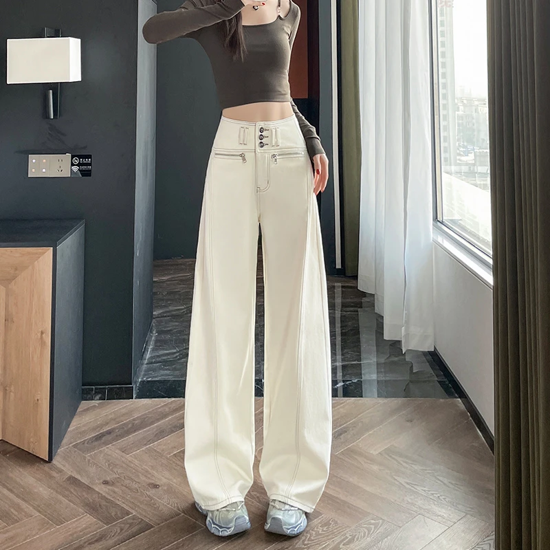 高腰排扣牛仔裤女春秋季新款宽松显瘦高腰弯刀设计感阔腿裤子拼接