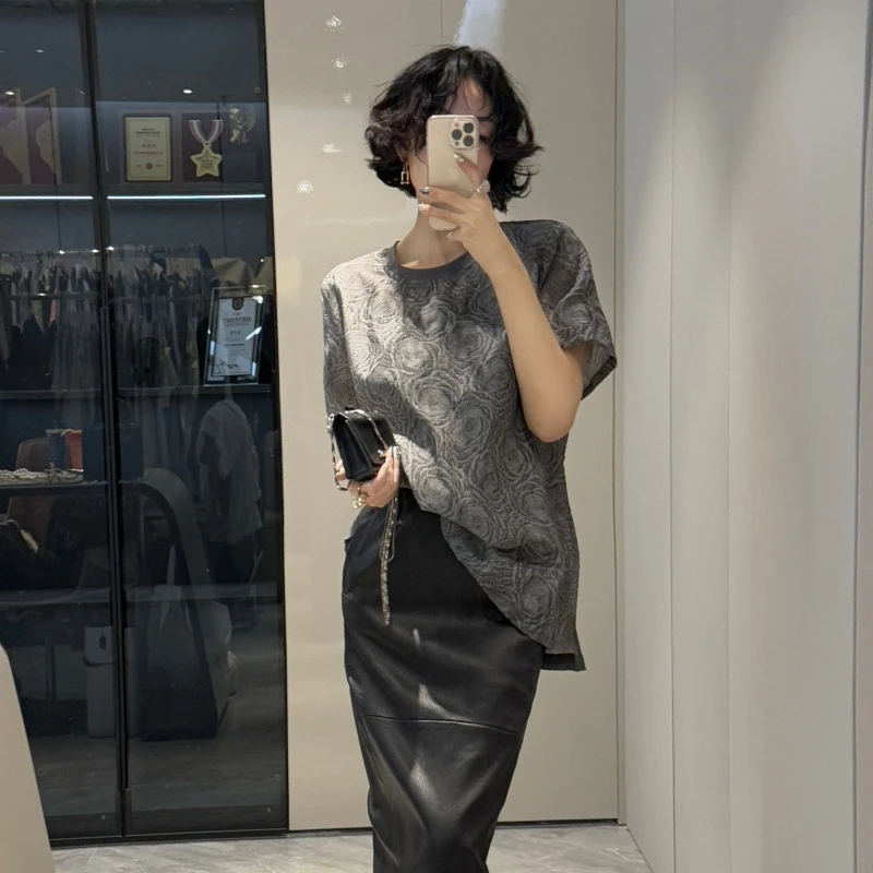 S2EXT7128S灰色轻奢复古提花时尚质感圆领T恤气质显瘦夏休闲上衣