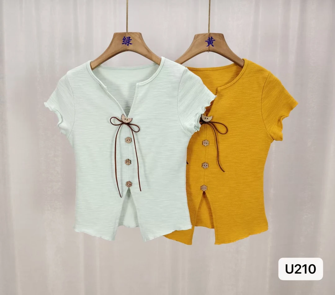 韩系设计感系带短袖t恤女夏新款木耳边翻领小衫修身显瘦短款上衣