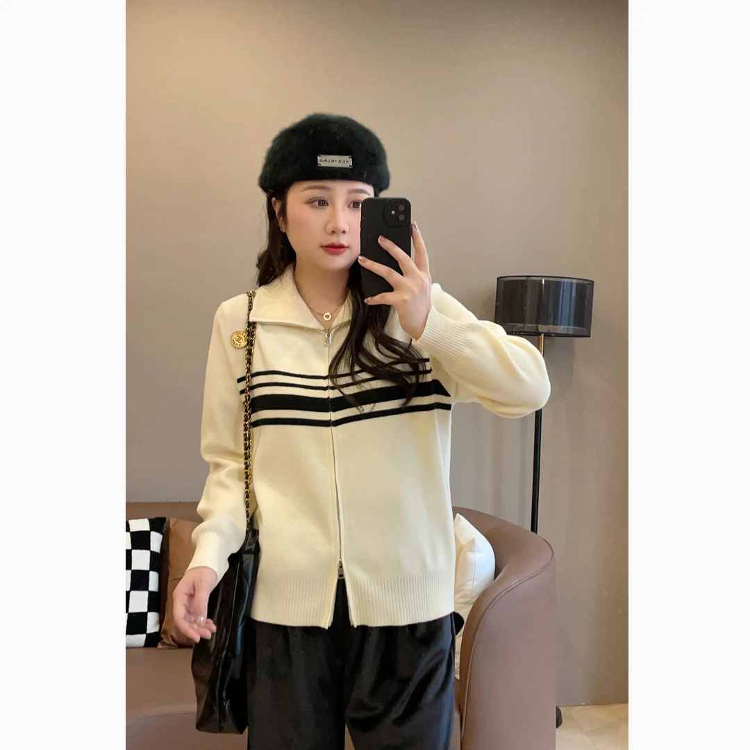 【现货】气质撞色条纹翻领正肩开衫毛衣秋冬微胖显瘦 P224X21336