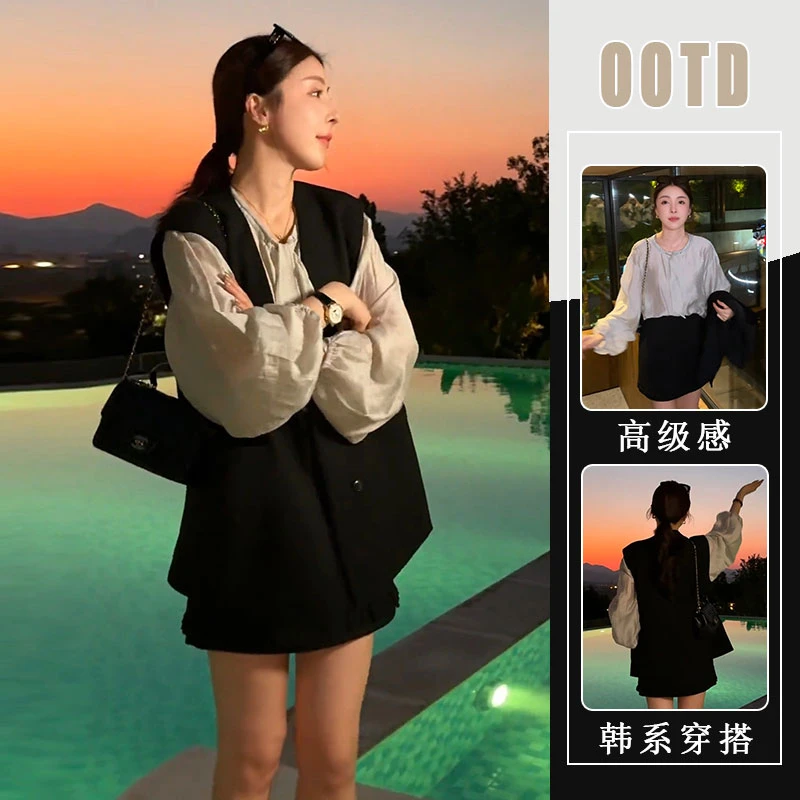 2025秋季新款时尚静奢风西装慵懒风小个子上衣马甲半身裙三件套女