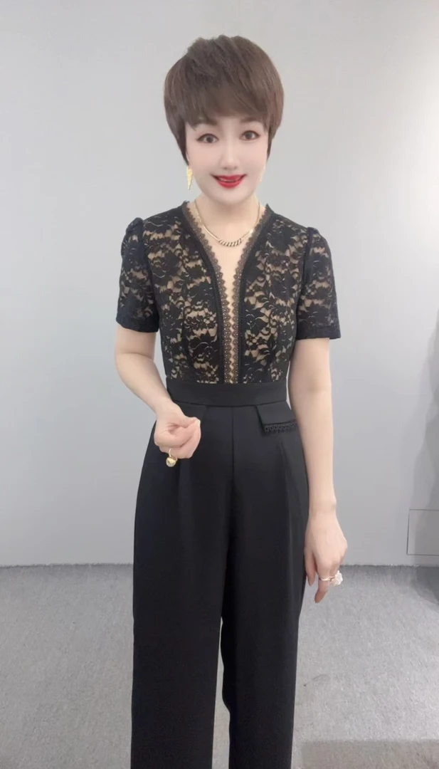 拼接高腰见外包装直筒裤连体裤洋气气质修身女装蕾丝