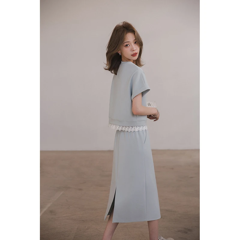 小谷粒【放空套装】知性风温柔女装显瘦蕾丝洋气短袖气质半身裙套装